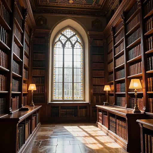 Photograph of a dimly lit, ornate library with dark wood bookshelves, arched stained glass window, and warm-lit table lamps