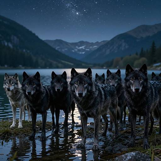Photograph of a group of twelve wolves standing in shallow water at night, illuminated by moonlight, with a starry sky and mountainous landscape in