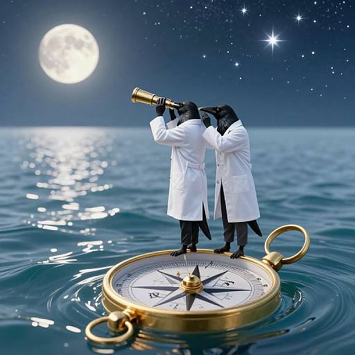 Photograph of two black-furred anthropomorphic wolves in white lab coats, standing on a gold compass in a moonlit ocean, gazing through a