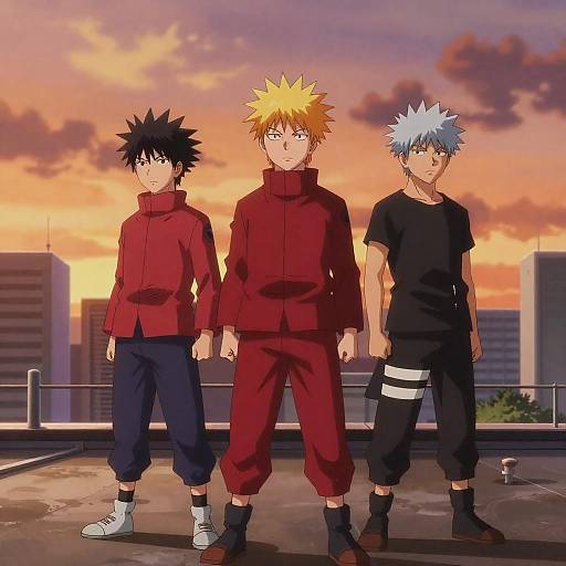 Anime Trio on Rooftop at Sunset