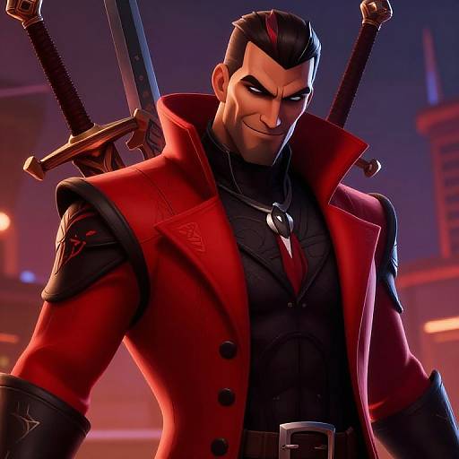 CGI image of a muscular, dark-haired man with sharp features, smirking, wearing a red coat, black shirt, and two swords on