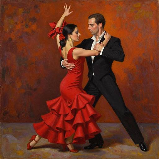 Digital painting of a passionate dance couple: a woman in a red ruffled dress and red bow, and a man in a black suit, against a