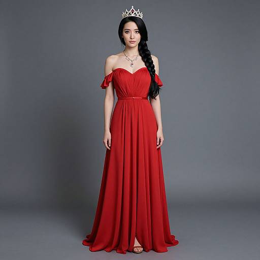 Photograph of a fair-skinned woman with long black hair in a red off-shoulder gown and silver tiara, standing against a gray backdrop