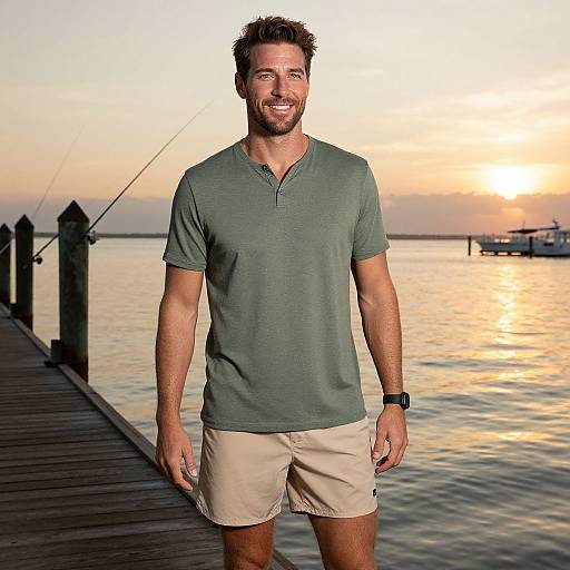 Photograph of a smiling, fit man with short brown hair, wearing a green polo and beige shorts, standing on a wooden dock at sunset, with