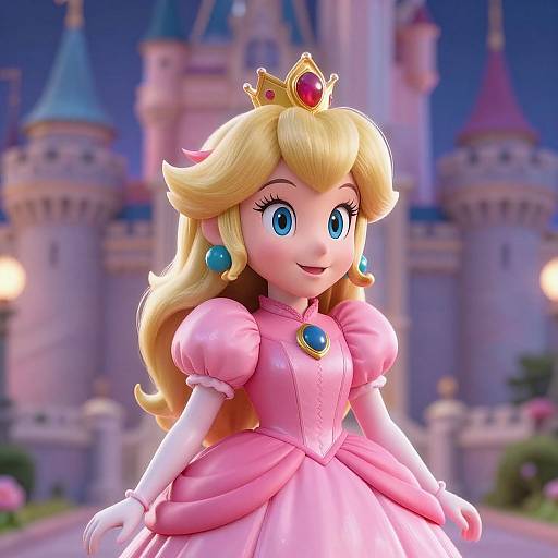  CGI image of Princess Peach from Mario series in a pink dress, crown, and blue earrings, smiling in front of a colorful castle at night.