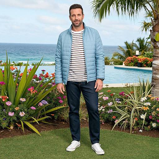 Photograph of a bearded man with short dark hair, wearing a light blue quilted jacket, striped shirt, dark pants, and white sneakers,