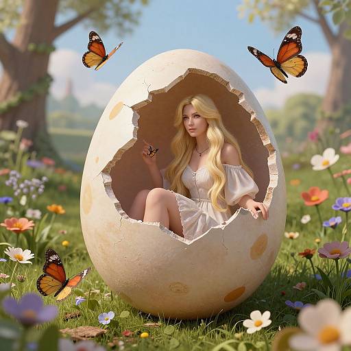 Photorealistic CGI of a blonde woman in a white dress inside a cracked, egg-shaped shell, surrounded by colorful butterflies and flowers in a sunny me