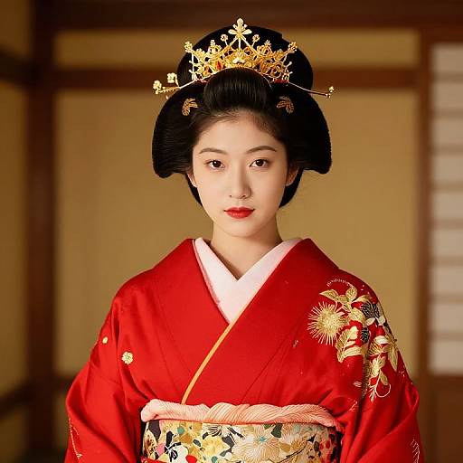 Regal Woman in Red Kimono