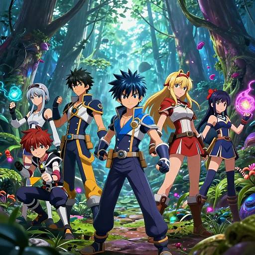 Digital anime artwork of five fantasy adventurers in vibrant forest, featuring diverse characters with magical elements, colorful outfits, and dynamic poses.