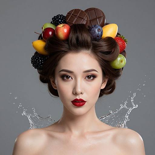 Digital portrait of a fair-skinned woman with red lipstick, dark hair adorned with assorted fruits and chocolates, splashing water behind her.