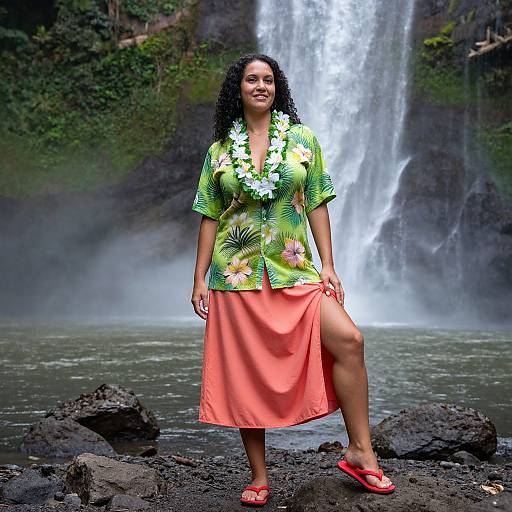 Confident Woman in Hawaiian Costume