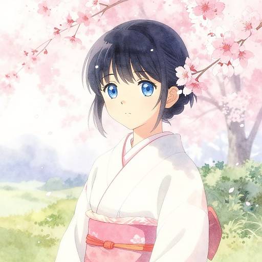 Anime-style digital drawing of a blue-eyed girl with black hair, wearing a white kimono and pink obi, under cherry blossoms.