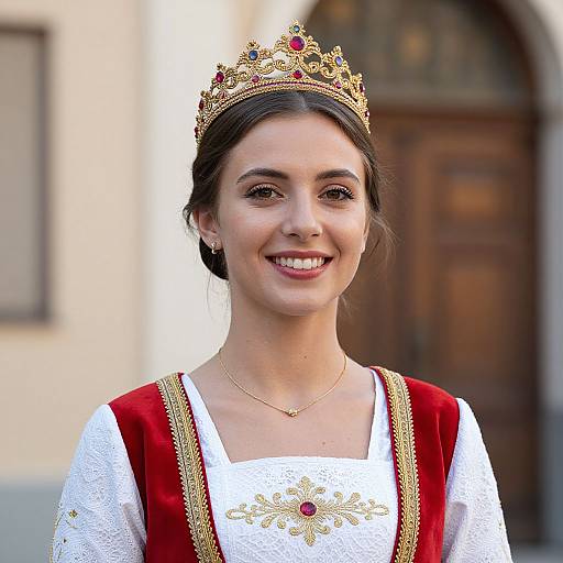 Photograph of a smiling young woman with dark hair in a crown, wearing a white lace dress with red velvet sleeves and gold embroidery, set against a