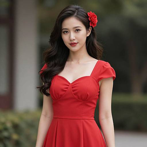 Photograph of an East Asian woman with long black hair, wearing a red dress with a sweetheart neckline, and a red rose hairpin, standing outdoors