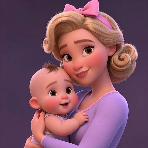 Digital 3D illustration of a smiling woman with blonde curls, pink bow, and light purple top, holding a bald, rosy-cheeked