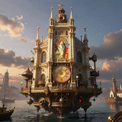 Mucha-Inspired Clockwork Cathedral at Dusk