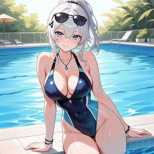 Anime-style digital drawing of a busty, silver-haired woman in a black one-piece swimsuit, sunglasses on head, by a sunny pool.