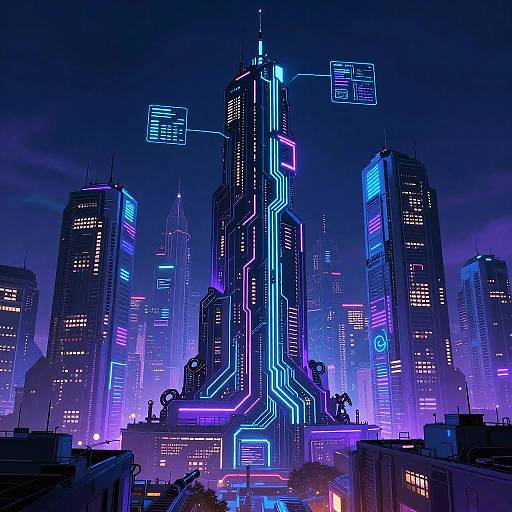 Neon-lit cyberpunk cityscape at night, featuring towering skyscrapers with glowing blue, purple, and pink circuit-like lights, against a