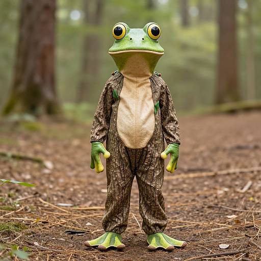 Photograph of a person in a detailed frog costume with green hands, feet, and head, standing in a forest path.