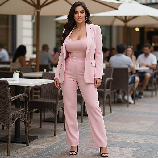 Photograph of a confident woman with long dark hair, wearing a pale pink suit with a deep neckline, black heels, standing on a patio with w