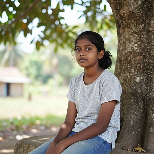 Photograph of a young Indian girl with dark skin and black hair, wearing a white patterned shirt and blue jeans, sitting against a tree in a