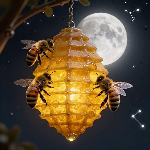Photograph of four bees on a glowing yellow honeycomb-shaped light fixture, illuminated by a full moon under a starry night sky.