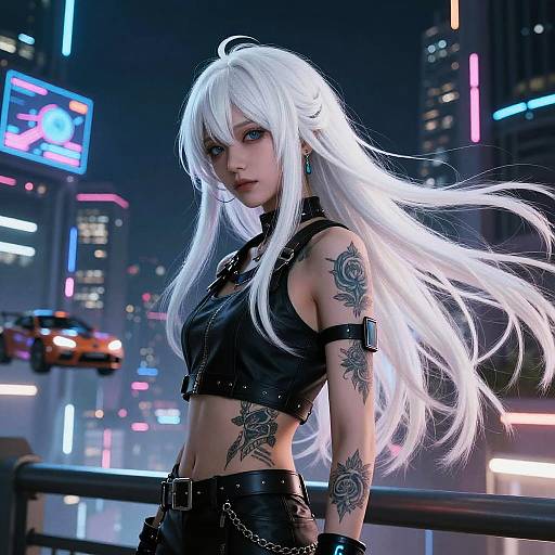 Digital art of a white-haired, tattooed woman in a black leather crop top and pants, standing in a neon-lit, futuristic city at night