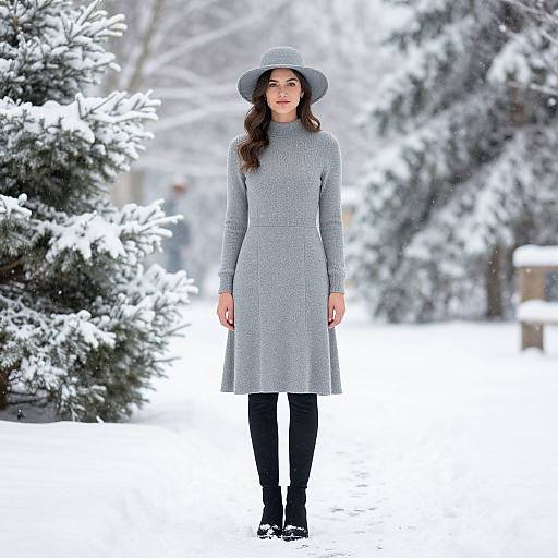 Photograph of a smiling woman with long brown hair, wearing a gray knitted dress, black tights, black shoes, and a wide-brim