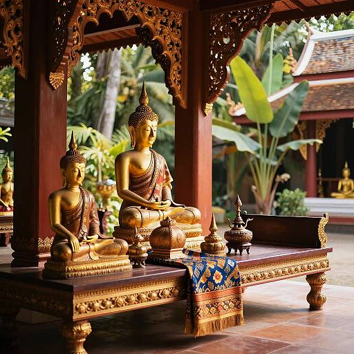 Photograph of two golden Buddha statues in serene lotus positions on an ornately carved wooden bench, under a detailed pavilion with lush tropical plants in
