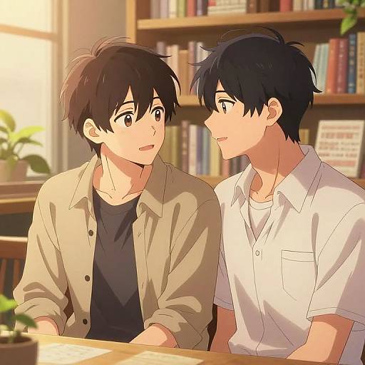 Anime-style drawing of two young men with short black hair, smiling at each other in a sunlit bookstore, wearing casual shirts.