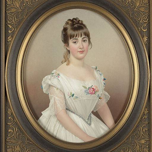 Victorian-style oil painting of a fair-skinned woman with brown hair in an updo, wearing a white lace and floral dress, framed in an
