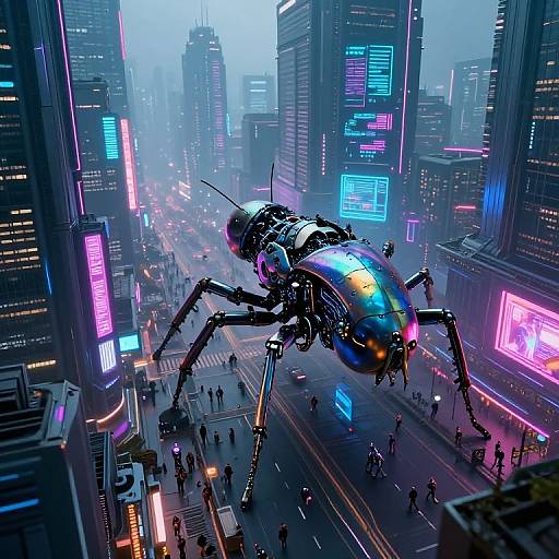 CGI image of a futuristic, glowing, robotic spider hovering above a neon-lit, busy city street in a cyberpunk metropolis.