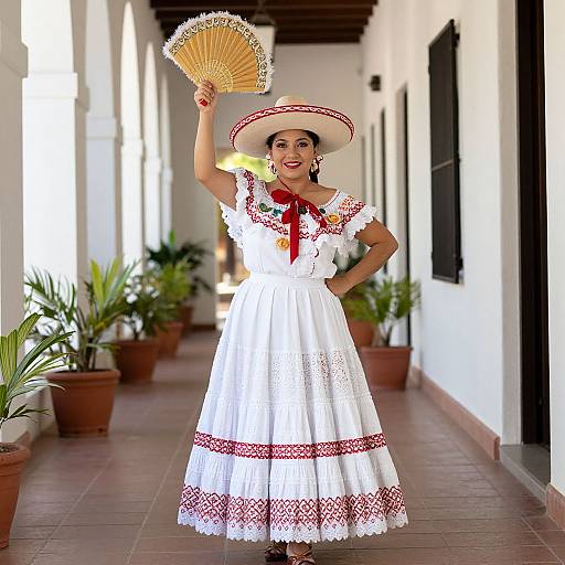 Photograph of a smiling woman in a white lace Mexican dress with red trim, straw hat, and fan, standing in a sunlit, potted