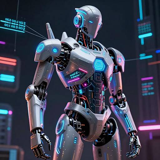 Glowing futuristic robot with white and blue neon lights, standing in a dark, neon-lit cyberpunk cityscape, digital CGI art.