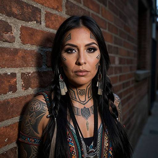 Photograph of a tattooed woman with long black braids, dark makeup, and intricate face and body tattoos, standing against a brick wall.