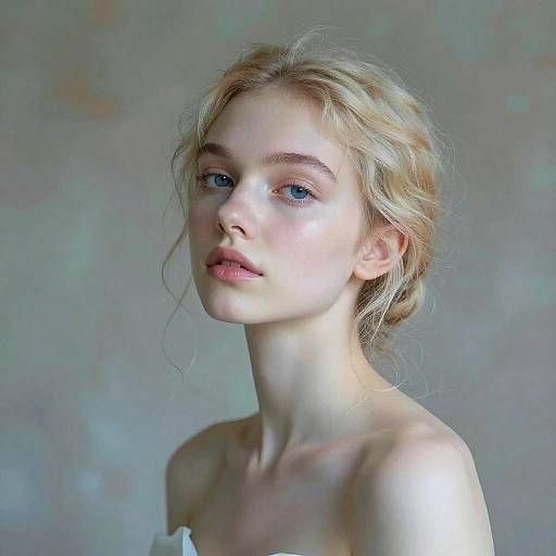 Photograph of a fair-skinned, blonde woman with blue eyes, light makeup, and wavy hair in a loose updo, against a muted