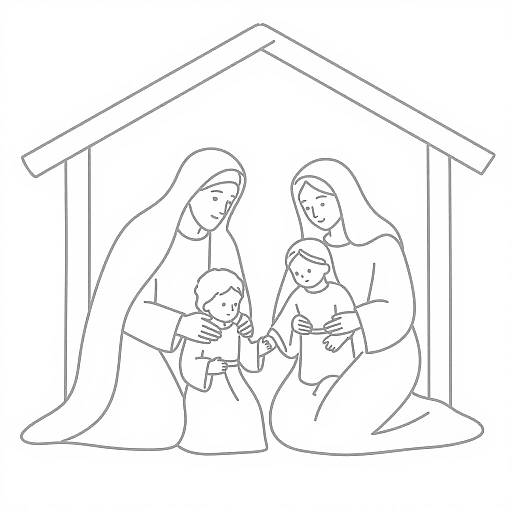 Black-and-white line drawing of a nativity scene: Mary and Joseph, two children, under a simple roof, kneeling and holding each other.