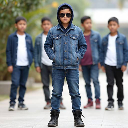 Photograph of a young boy in a blue denim hoodie and jeans, standing confidently in the foreground, with four blurred boys in similar outfits in the background