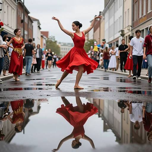 Photograph of a woman in a vibrant red dress, dancing on a wet street, with reflections, surrounded by people in colorful attire.