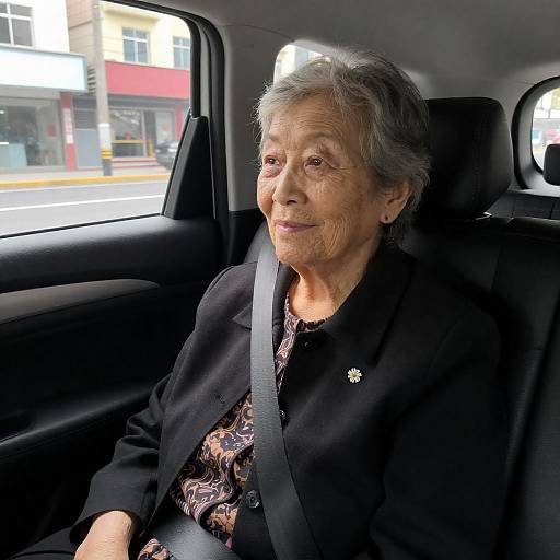 Elderly Woman in Car with Urban Backdrop