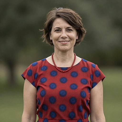 Smiling Woman in Red Dress with Blue Pattern