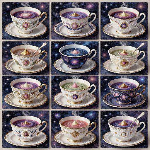 Photograph of twelve decorative teacups with lit candles, each in a different color, on white and blue saucers, against a starry