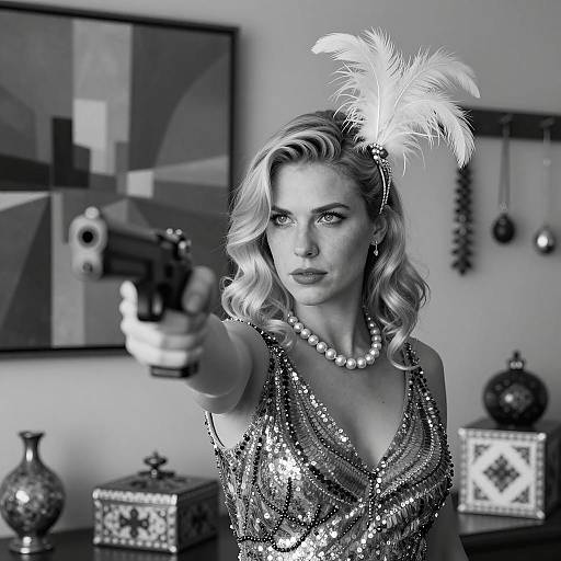 Elegant Woman with Gun in Artful Setting