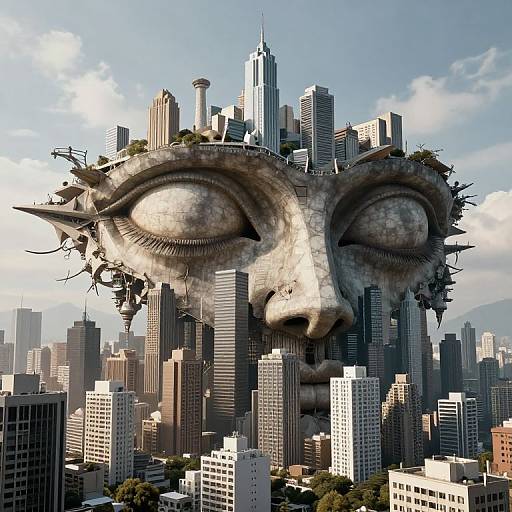 CGI image of a giant, stone-faced skyscraper with large, closed eyes, blending into a modern city skyline, with small buildings and trees on
