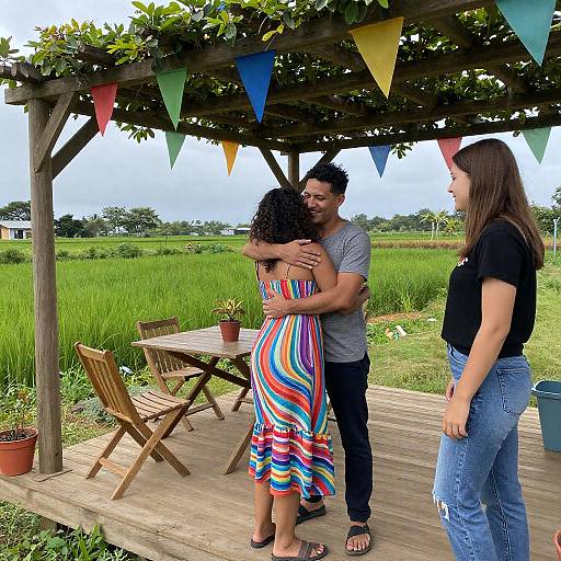 Hug on Wooden Deck in Countryside