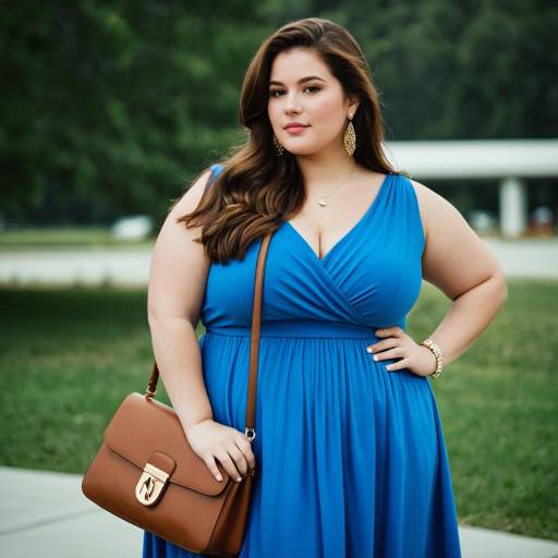 Plus Size Woman in Blue Dress with Brown Handbag