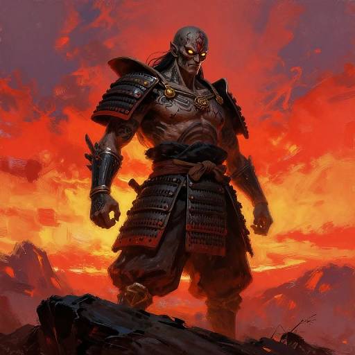 Digital artwork of a muscular, armored warrior with glowing red eyes standing on a rocky ledge against a fiery, orange-red sky.