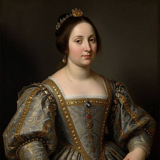 Oil painting of a fair-skinned, dark-haired noblewoman in ornate, blue and gold Renaissance dress with puffed sleeves, crown, and jewels