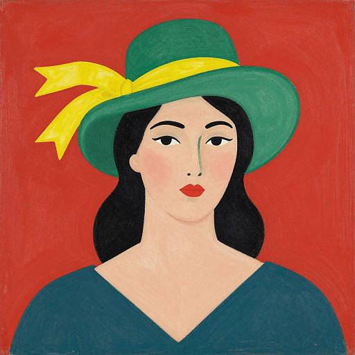Oil painting of a woman with pale skin, black hair, red lips, green hat with yellow ribbon, and blue top, against red background.