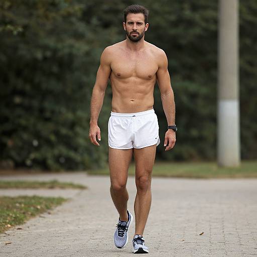 Photograph of a muscular, bearded man with short dark hair, wearing white shorts and white sneakers, running on a paved path in a wooded area